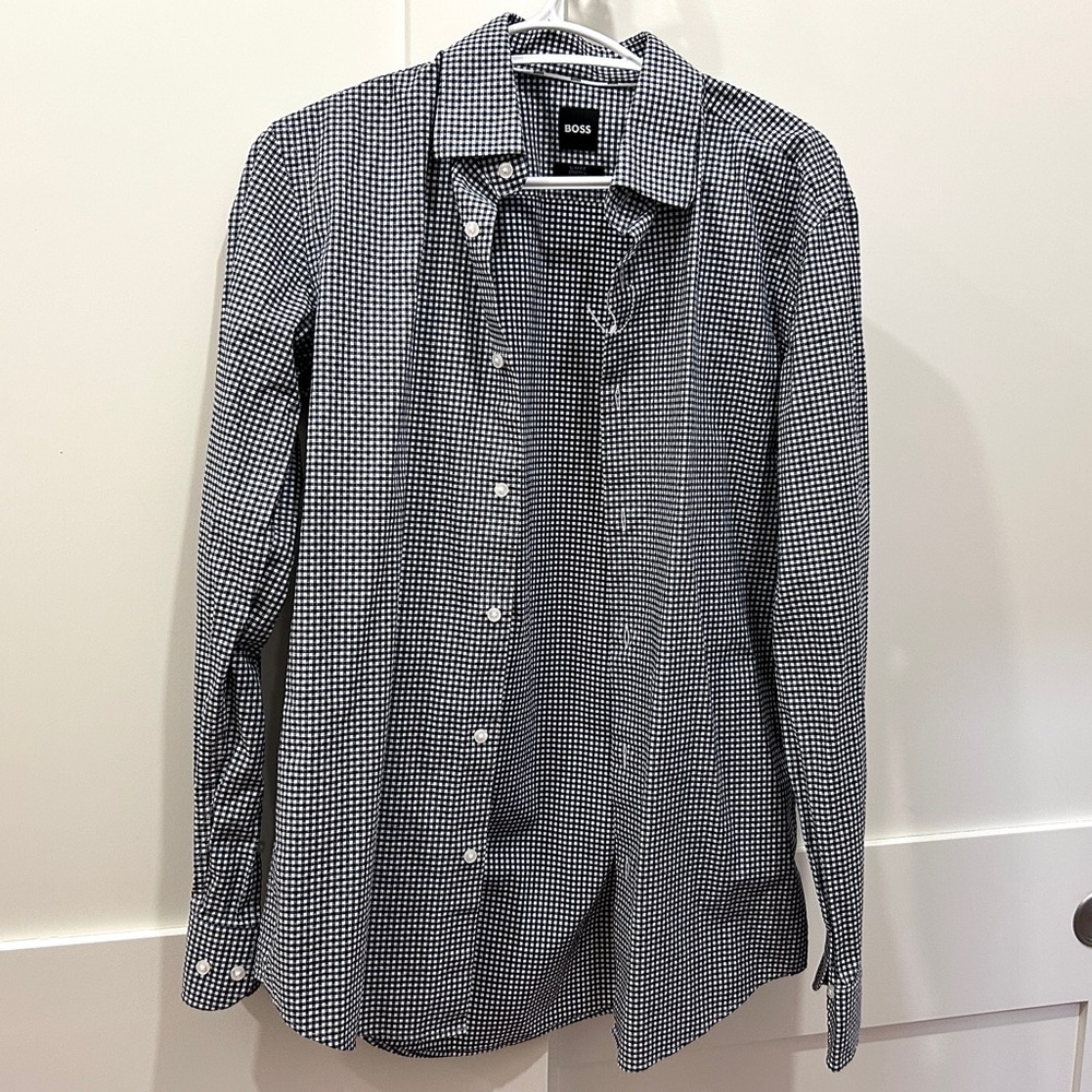 Mens Boss button down slim stretch checkered black white collared shirt 37 S 15